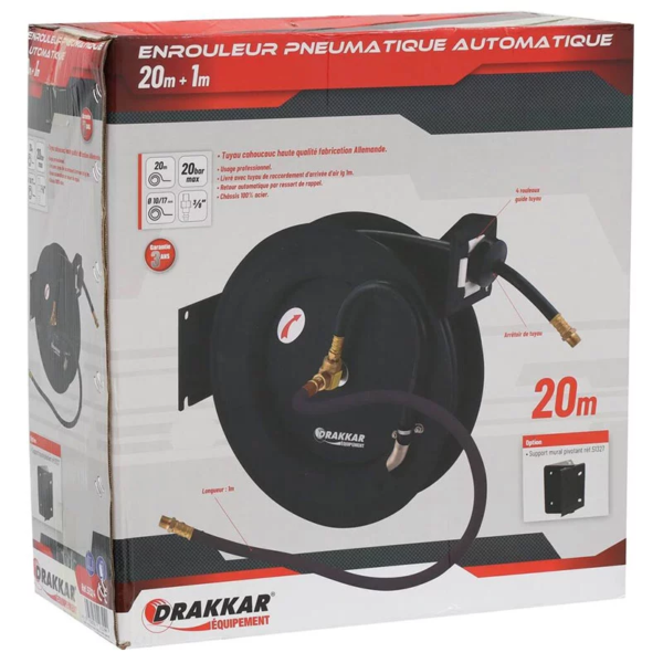 Enrouleur tuyau air métallique 20 m DRAKKAR